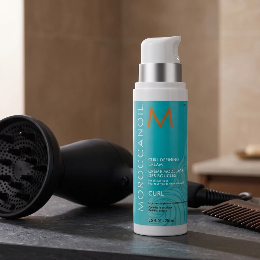 Moroccanoil Curl Defining Cream bottle beside a hair dryer diffuser and wide-tooth comb on a bathroom counter
