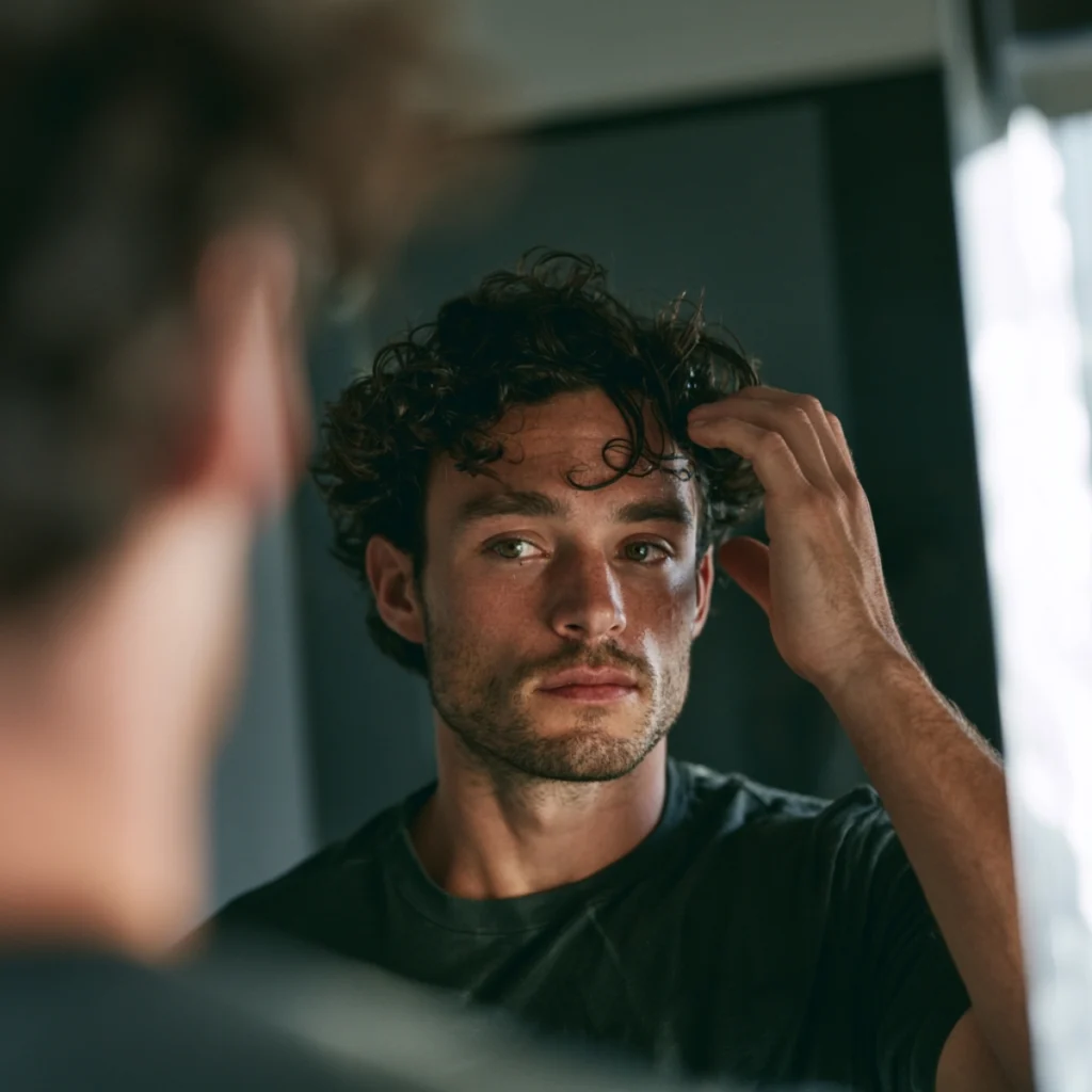 Man refreshing a small section of curly hair the morning after styling.