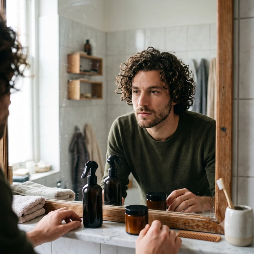 Man choosing between sea salt spray and curl cream for curly hair