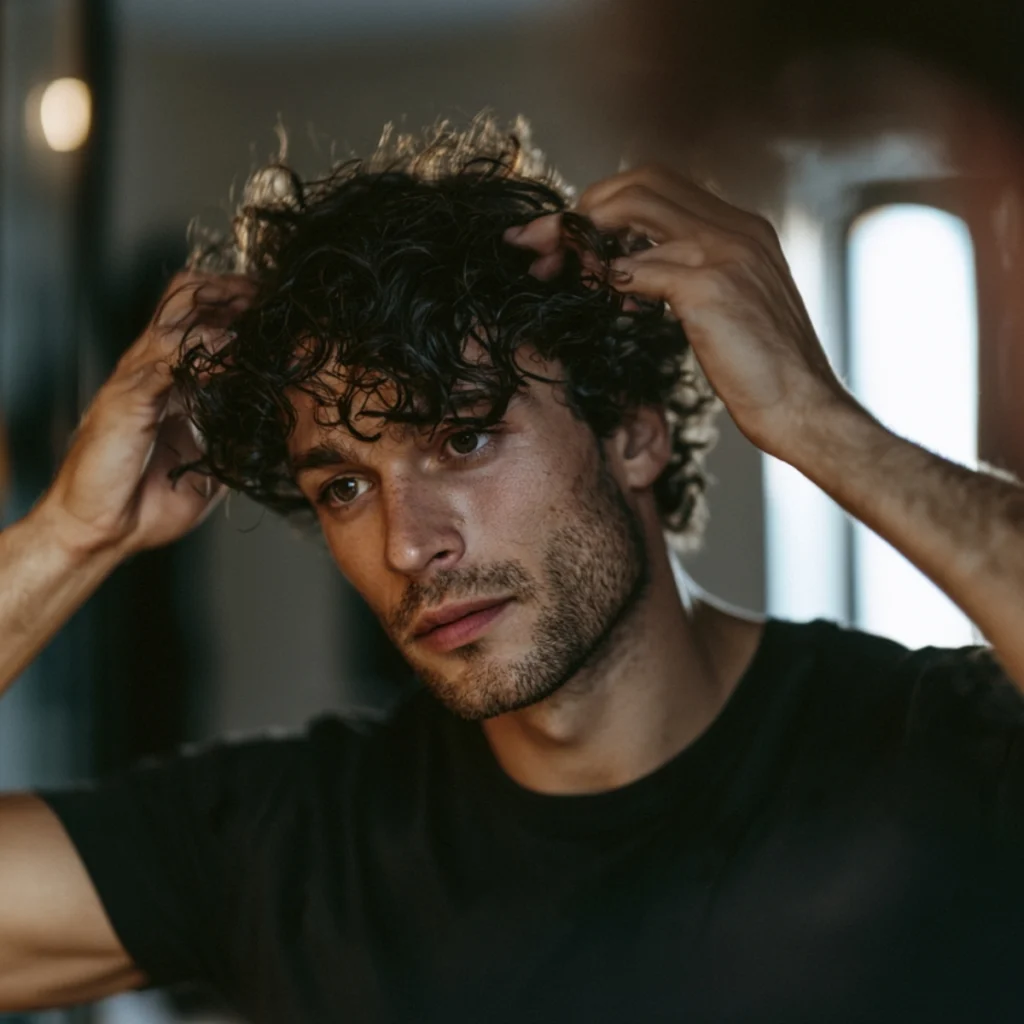 Man styling curly hair before it fully dries as part of a curly hair routine for men.
