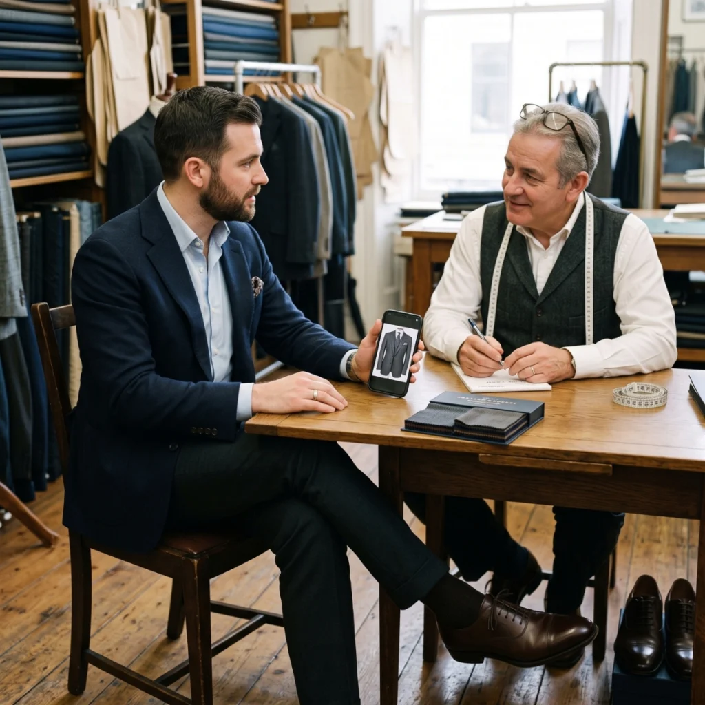 Man showing a suit reference photo to a tailor during a custom suit consultation
