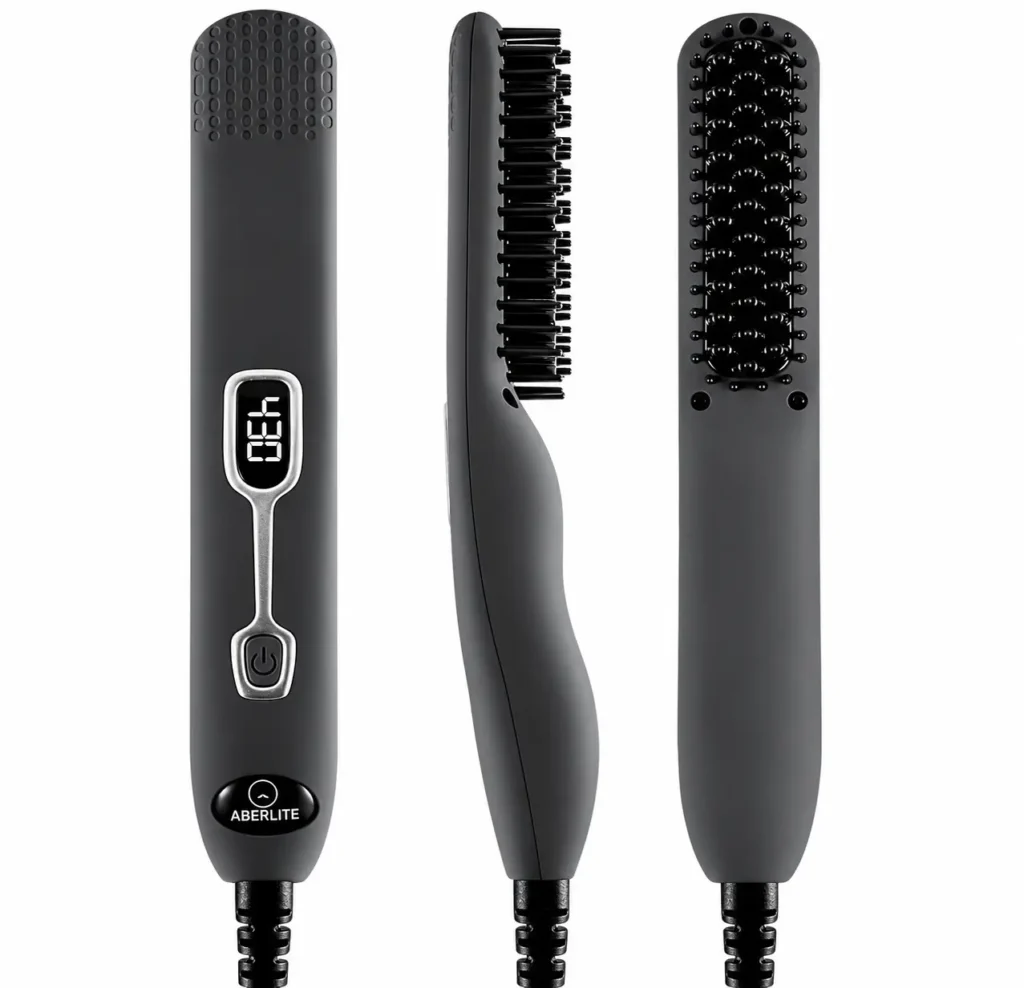 Aberlite EDC heated beard straightener brush shown from front side and back