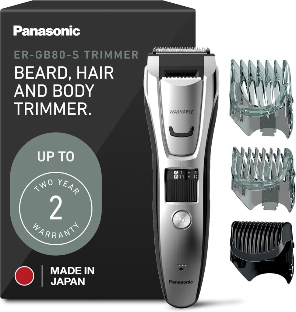 Panasonic ER-GB80-S beard trimmer with adjustable guards and packaging.